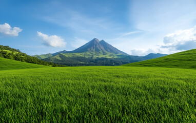 Breathtaking view of a lush green landscape with a majestic volcano under a clear blue sky, showcasing natural beauty and tranquility in nature.