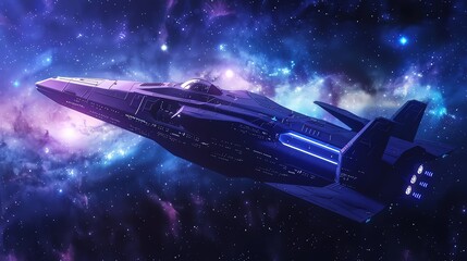 Obraz premium A spaceship flying through a starry space, with nebulas.