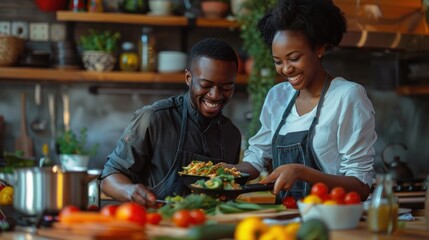 Fototapeta premium A young African American couple preparing healthy food together in a modern kitchen, lifestyle and cooking concept