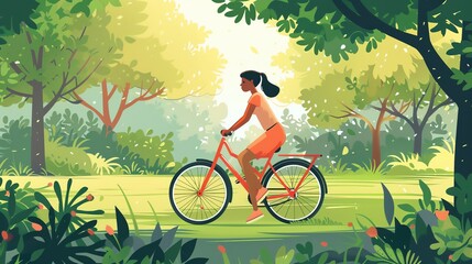 A cartoon illustration of a woman riding a bicycle through a forest.