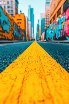 Vibrant city street with graffiti art and a striking yellow line guiding the view, capturing urban culture and modern architecture.