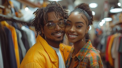 Obraz premium A young African American couple browsing clothes on a rack in a brightly lit boutique