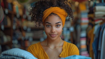 Fototapeta premium A young African American female customer browsing clothes on a rack in a brightly lit boutique