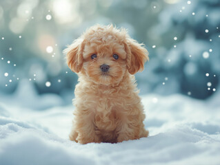 A cute puppy in a winter landscape