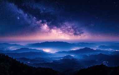 Naklejka premium A breathtaking starry night sky over a mountainous landscape, illuminated by a stunning galaxy and city lights in the distance.