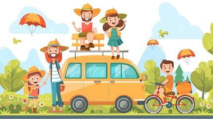 Fototapeta premium A cartoon family on a road trip with their van, bike, and parachutes.