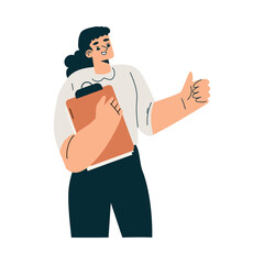 Woman Character with Clipboard as Productive Team Member Show Thumb Up Vector Illustration