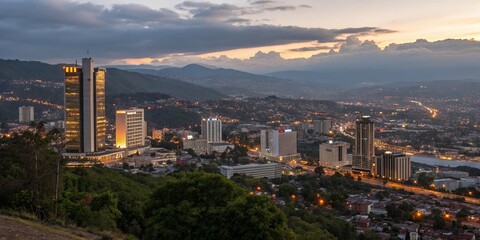 Fototapeta premium Stunning Tegucigalpa Skyline at Dusk: A Fashion Photography Perspective Showcasing Urban Style and Contemporary Trends in the Vibrant Heart of Honduras