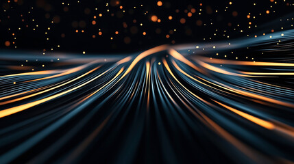 Obraz premium Abstract background featuring dynamic flowing lines with glowing orange light effects and bokeh particles on a dark backdrop, conveying a sense of motion and energy.