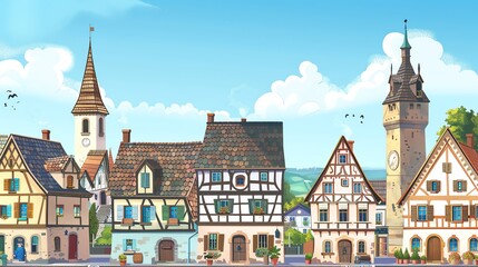 Obraz premium A cartoon illustration of a village with colorful houses and a clock tower.