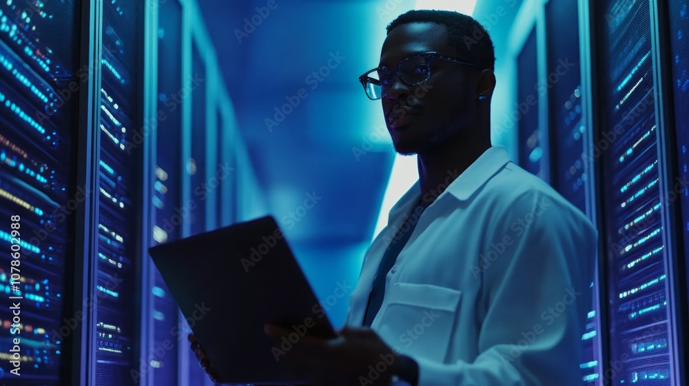 Poster a man in a white lab coat is holding a laptop in a dark room with many computer
