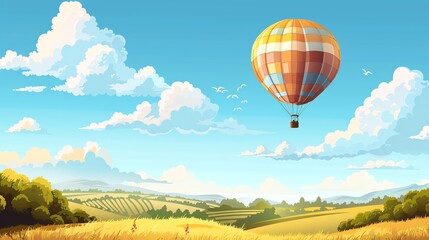 Fototapeta premium A hot air balloon floats above a sunny, rolling field.