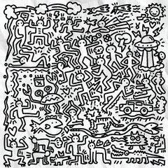 lively black and white doodle art featuring abstract human figures, animals, and UFOs, creating whimsical and energetic scene