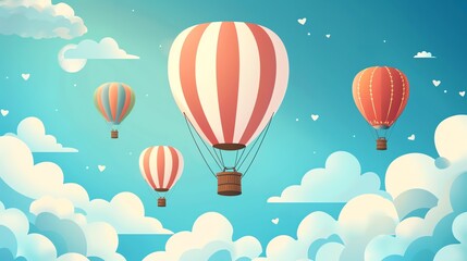Fototapeta premium Four hot air balloons floating in the sky above fluffy white clouds.