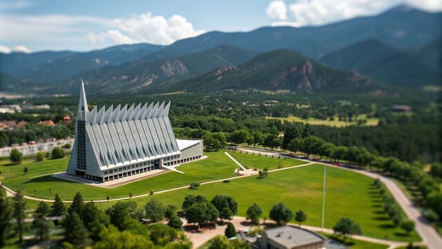 Stunning Tilt-Shift Photography of the USAF Academy Chapel Surrounded by Lush Greenery and Majestic Mountains, Capturing the Architectural Marvel in Perfect Miniature Detail