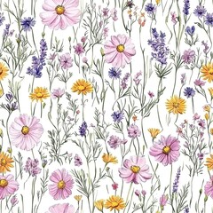 Watercolor Floral Flowers Wildflowers Garden Seamless Pattern Texture, Cute Botanical Summer Meadow Print
