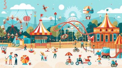Obraz premium A colorful illustration of a busy carnival or amusement park.