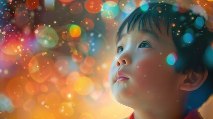Fototapeta premium Surrounded by dynamic backgrounds, a curious Asian child's inquisitive expression reveals her insatiable thirst for knowledge and discovery