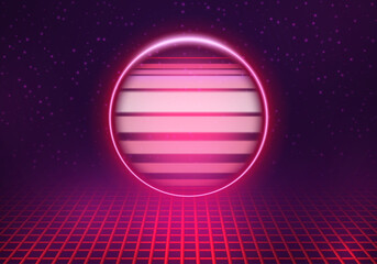 Abstract futuristic background with neon round frame on dark background with geometric grid. Vector illustration.