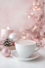 Fototapeta premium A cozy image of a white mug surrounded by evergreen branches. The soft, muted tones