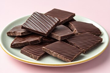 Piles of dark chocolate pieces with striped patterns elegantly arranged on a pastel pink plate for a minimalist gourmet dessert presentation