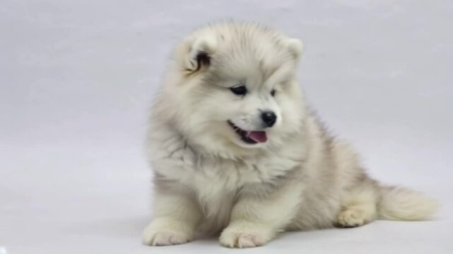 A cute, fluffy Samoyed puppy sits happily in a well-lit studio, showcasing its playful and friendly demeanor.