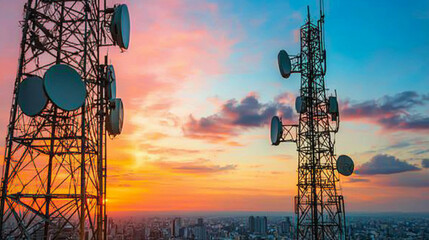 Telecommunication towers against a sunset over the city skyline