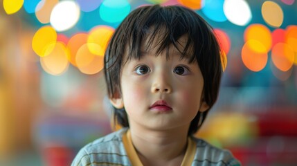 Surrounded by dynamic backgrounds, a curious Asian child's inquisitive expression reveals her insatiable thirst for knowledge and discovery