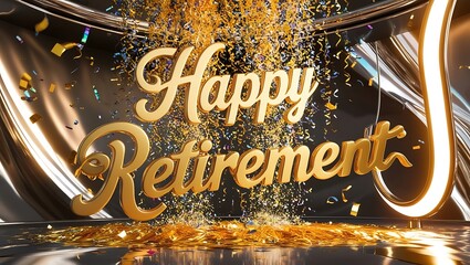 Golden "Happy Retirement" Sign with Confetti Falling on Black Background