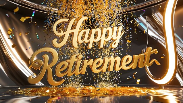 Golden "Happy Retirement" Sign with Confetti Falling on Black Background