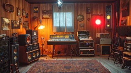 A vintage recording studio with a mixing console and a variety of audio equipment.