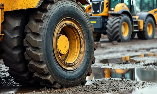 A close-up of a large construction vehicle tire, with another vehicle in the background, set on a muddy construction site, indicating industrial activity and machinery use.