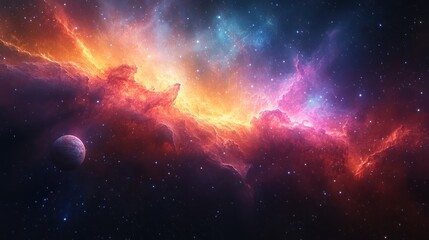 Obraz premium A vibrant cosmic scene depicting nebulae and a distant planet.