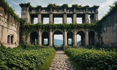 Obraz premium A stone path leads through a overgrown, abandoned structure with a view of mountains in the distance