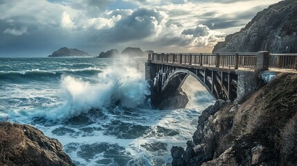 A stone bridge arches over crashing waves and dramatic clouds.