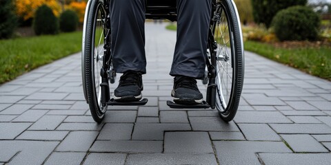 The wheels of a wheelchair on a paved path signify movement and accessibility, set against the backdrop of a thoughtfully landscaped garden.