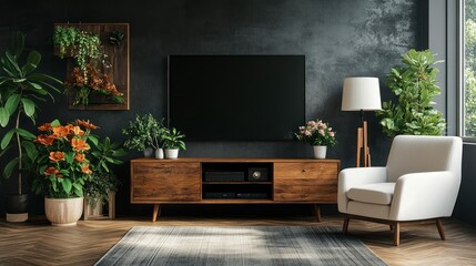 Modern living room with a TV, armchair, and plants.
