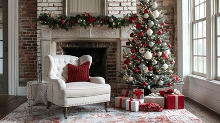 A Christmas tree adorned with red and white ornaments stands in the room