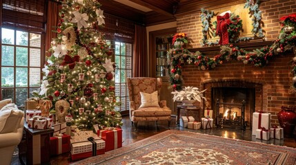 Fototapeta premium A Christmas tree adorned with red and white ornaments stands in the room
