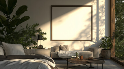 Poster Mockup im modernen Wohnzimmer – fotorealistisches 3D-Rendering für Bildplatzierung