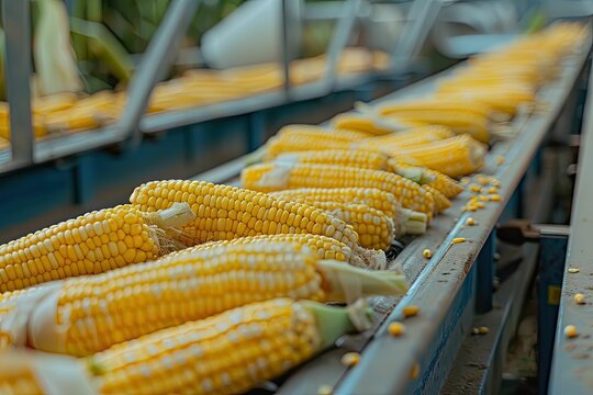 Corn cobs on a conveyor belt.