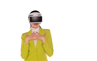 Woman wearing virtual reality headset in bright green blazer showcasing immersive technology experience
