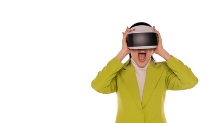 Excited woman wearing virtual reality headset in bright green outfit while experiencing immersive technology