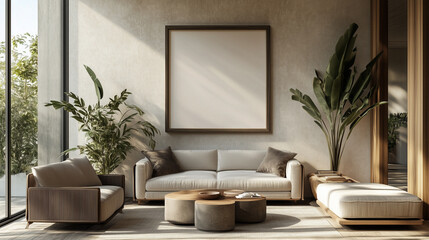 Poster Mockup im modernen Wohnzimmer &ndash; fotorealistisches 3D-Rendering f&uuml;r Bildplatzierung