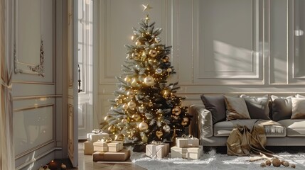 Stylish Christmas tree decorated with metallic accents and golden ornaments