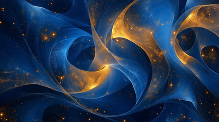Obraz premium Abstract Golden and Blue Swirling Network with Glowing Stars
