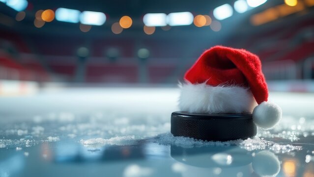 A hockey puck rests on the icy surface, adorned with a small Santa hat, creating a festive atmosphere in the rink. Bright lights illuminate the empty arena, evoking a cheerful holiday spirit.