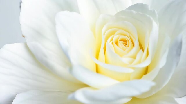 A white rose with a yellow center. The petals are white and the stem is green. The rose is in full bloom