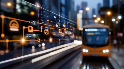 A digital overlay highlights smart city elements against a blurred cityscape, symbolizing innovation.