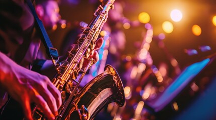 Silhouettes of crowd at concert in front of stage with bright spotlights. People enjoying live music at band performance. Concert hall with musicians on stage and fans during music festival